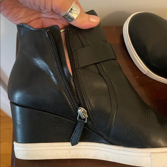 L. Paola Black Leather Wedge Ankle Boots - Picture 6 of 9